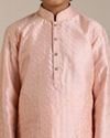 alt message - Manyavar Boys Boys Peach Jaal Patterned Kurta Set image number 1